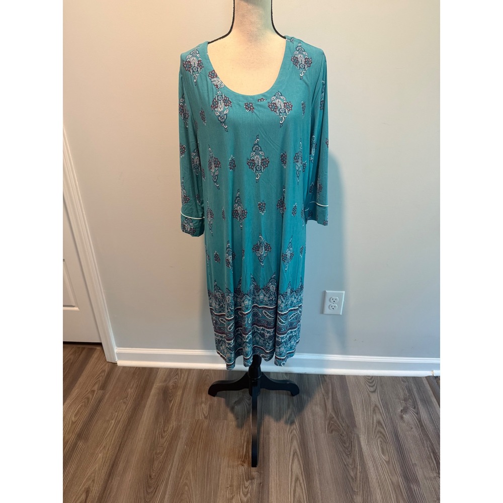 Soma Intimates Sleep Shirt Teal Paisley Print 3/4 Sleeve Nightgown XL